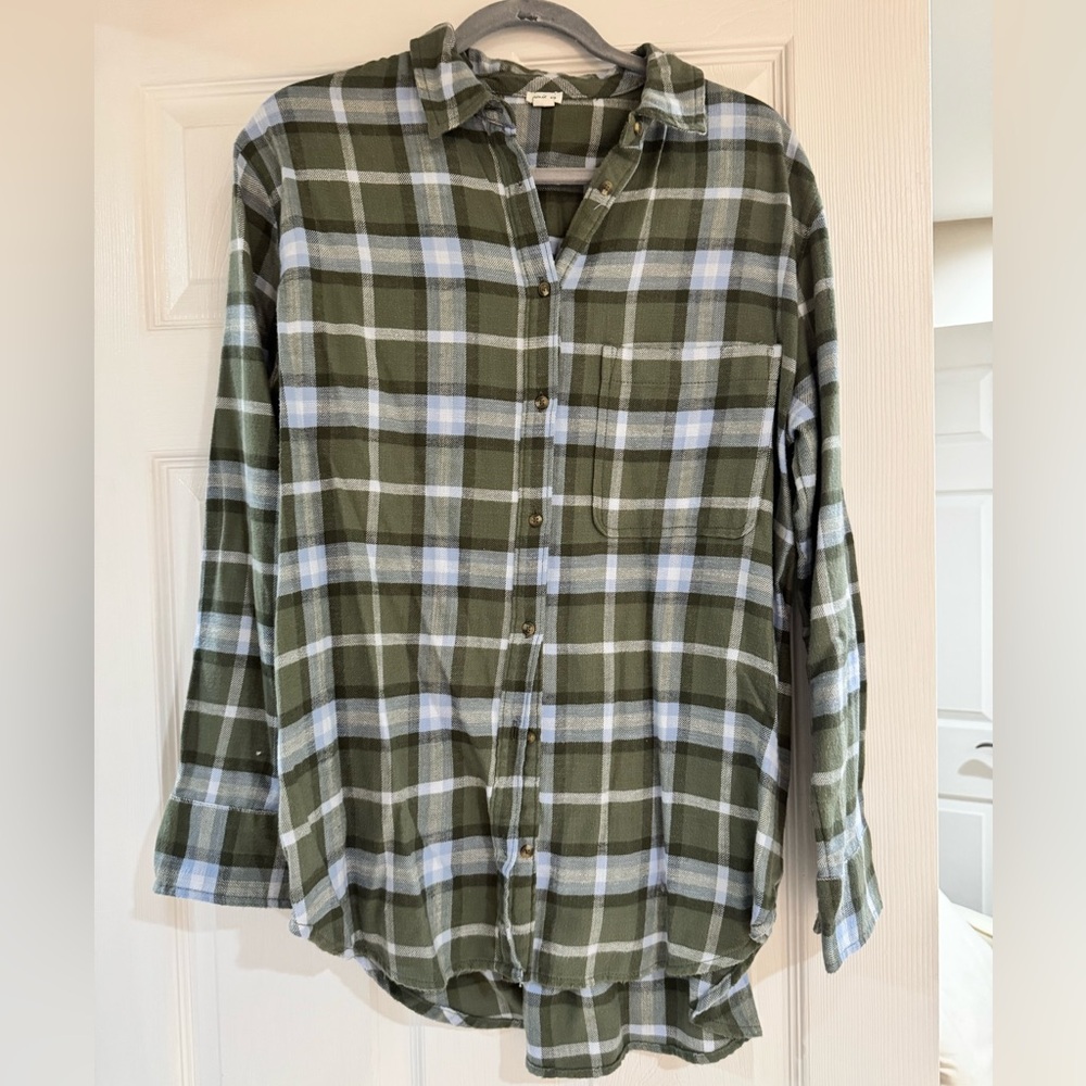 aerie Olive Green and Light Blue Plaid Button-Down Shirt